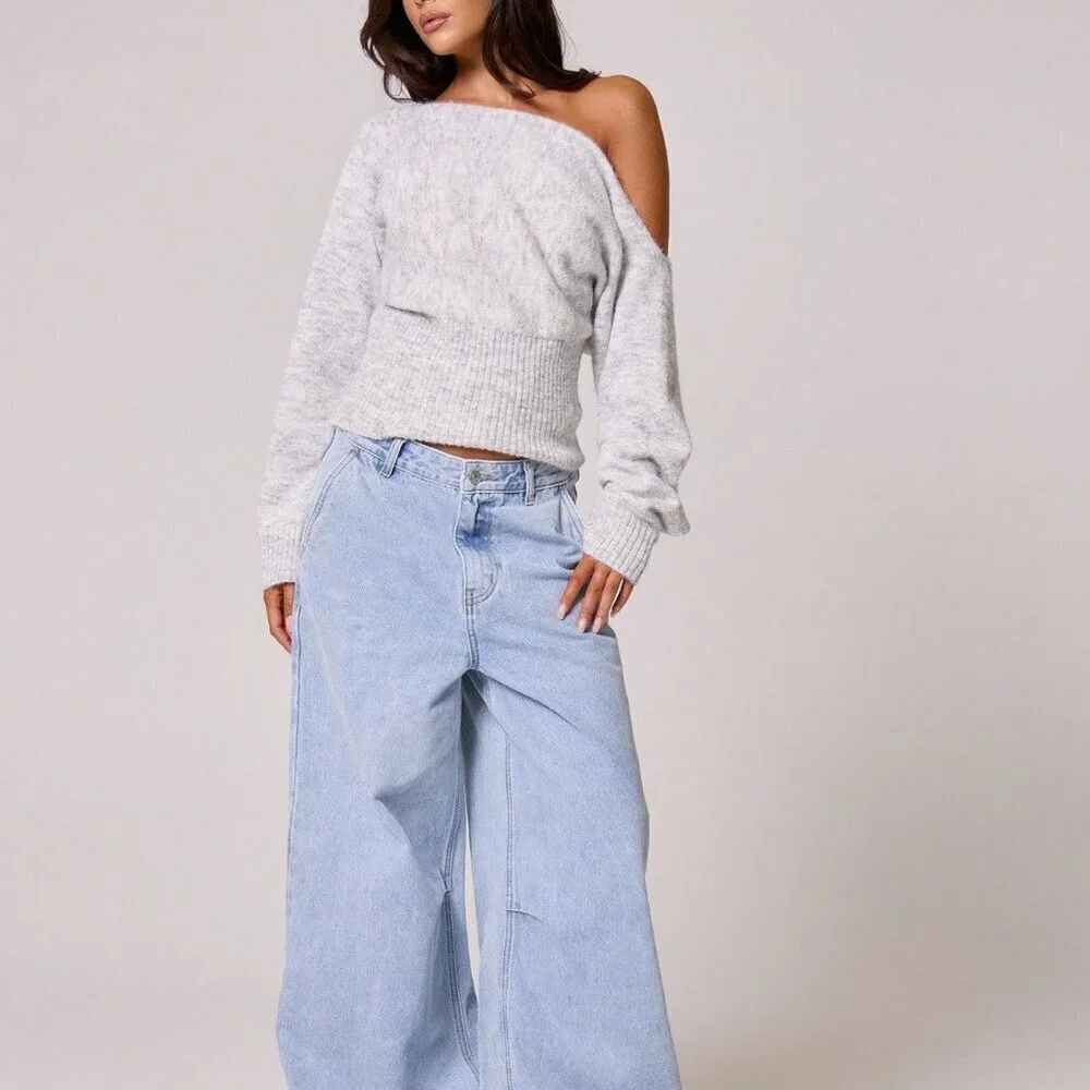 Grey Casual Women's Knit Asymmetrical Shoulder Cinched Waist Sweater Top